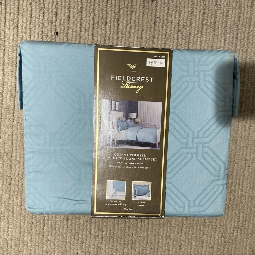 FIELDCREST Luxury Duvet Set - 100% Egyptian cotton Queen Blue Ice  NWT